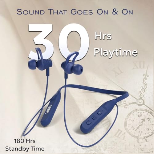 Image of TEMPT Rush X Neckband with 30 Hours of Playback Time, Vibration Alert, BT V5.2, 10mm Drivers with Copper Ring, Crystal Clear Sound (Blue)