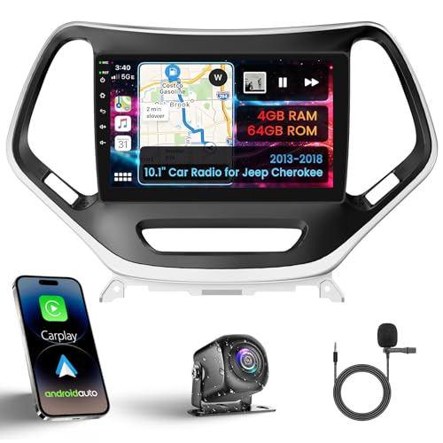 10.1 Inch Android Car Stereo for Jeep Cherokee 2013-2018 with Wireless CarPlay&Android Auto, HD Touchscreen Bluetooth5.2 Radio Supports GPS/WiFi/FM Radio/SWC+HD Backup Camera/MIC/DSP