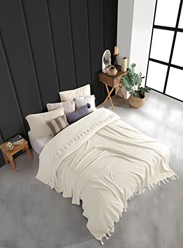 Wellstil Kaira | King Size Cotton Blanket • Vintage Turkish Throw Blankets For Sofa, Couch, Farmhouse And Home Decor • Boho Woven Bedspread • Cozy Breathable Bed Blanket 80X100 Inches (Ecru) #TOP1