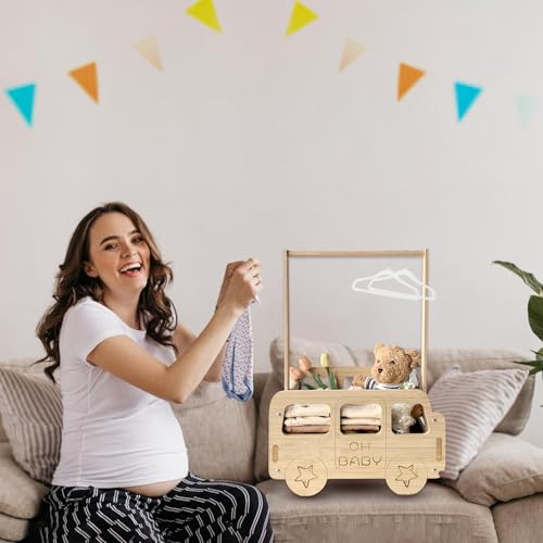 Image of fun-plus Baby Shower Crate Closet, Bus Shape Baby Shower Basket with Handle Baby Storage Crate, Wooden Crate for Pregnancy New Parent (Bamboo made)