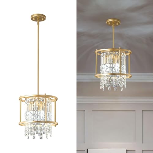 LMQNINE Modern Foyer Chandelier, Gold Crystal Chandelier Entryway Pendant Light Fixture, Round Adjustable Height Chandeliers for Kitchen Island, L11.81'' x H7.87''