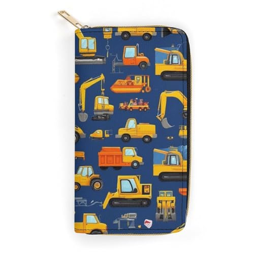 Girl's Long PU Wallet, Travel Purse Fashion Design, Huge Storage Capacity Purse, Cute Decor Zipper Wallet Construction Bulldozer Excavator Navy Blue