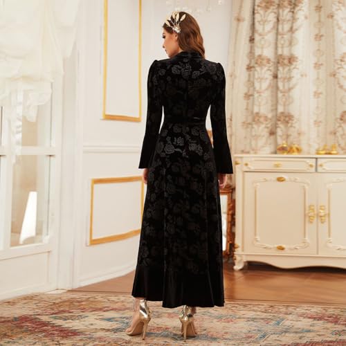 Image of AGYMNX Women's Fall Winter Dress Long Sleeve Velvet Long Maxi Dress with Belt Party Dress Flowy A Line Wedding Guest Dress