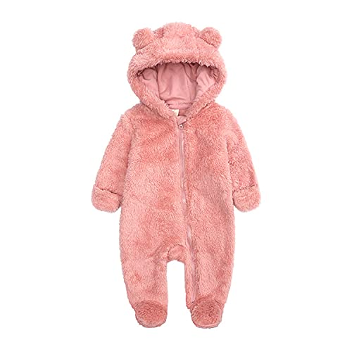 Alunsito Neugeborenen Sleeper für Jungen Mädchen Säuglingsbaby Cartoon Bärenohr Schneeanzug Warmer Fleece Kapuzen Strampler Overall Rosa 6,3-6 Monate