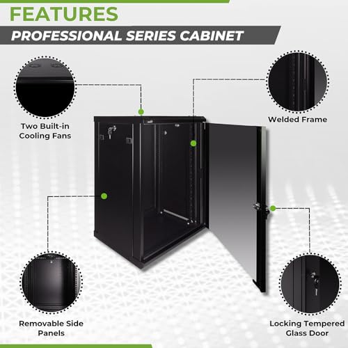 Image of NavePoint 15U Server Rack Enclosure - 17.7 inch Deep, Wall Mount Network Cabinet with Locking Glass Door for 19 inch IT Equipment, Network Rack with 2 Fans, Removable Side Panels, Black