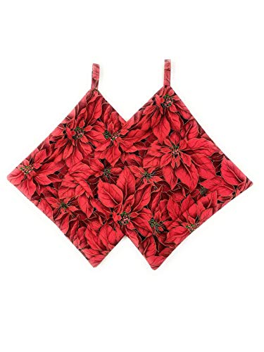 Set of 2 - Christmas Holiday Poinsettias on Red Fabric Square Hot Pot Plate Pan Holders Hot Pads Trivets 8.5 inches x 8.5 inches