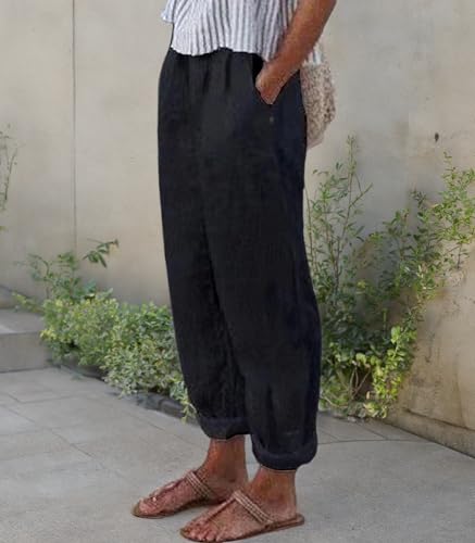 TIAFORD Women's Summer Casual Loose Cotton Linen Pants Elastic High Waist Wide Leg Plus Size Beach Trousers with Pockets3