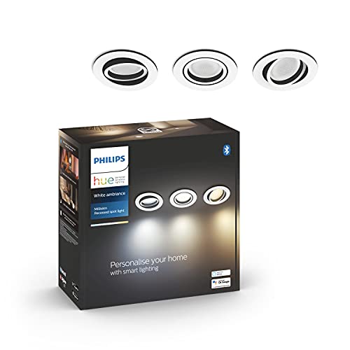 Philips Hue White Ambiance Milliskin, 3 Faretti ad Incasso Smart, Base Rotonda, con Bluetooth, 3 x 5 W, Alluminio