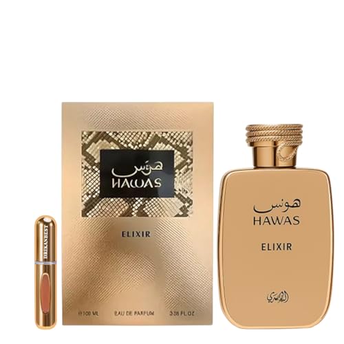Perfume Hawas Elixir 100ml para Hombre – Eau de Parfum Intenso y Amaderado con Toques Dulces y Especiados – Larga Duración – Con Atomizador Recargable 5ml Drikanbest de Regalo