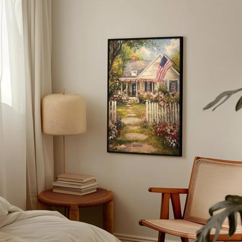 Image of American Flag Canvas Wall Art, 4th of July Patriotic Poster Print, Summer Americana Cottage Landscape Picture, Farmhouse Independence Day Wall Decor for Bedroom Living Room 16x24in Wrapped Canvas