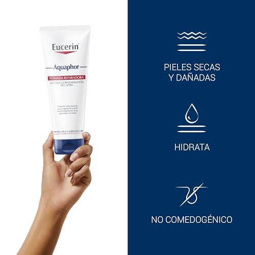 Miniatura 4 de Eucerin Aquaphor Pomada Reparadora 220 ml – Crema Corporal Hidratante para Piel Seca y Agrietada - Pomada Cicatrizante con Pantenol y Bisabolol que Calma y Regenera - Sin Perfume y No Comedogénica | Cuidado de la piel regenerador para cuerpo y cara, fórmula calmante sin fragancias, para pieles muy estresadas