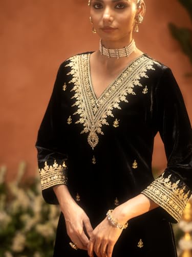 Image of FIORRA Women Black Ice Velvet Embroidered Kurta Set with Dupatta