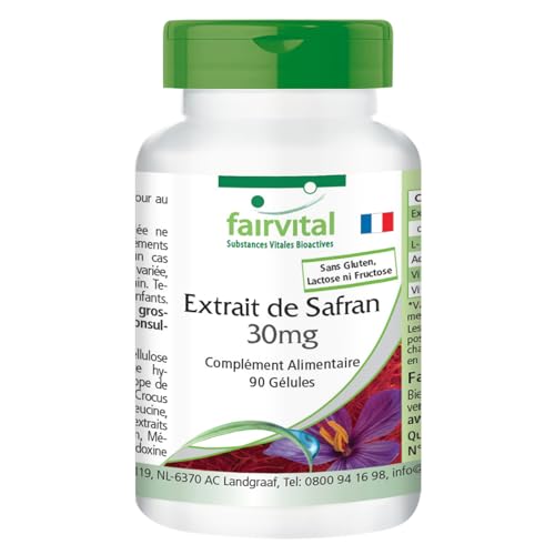 Fairvital | Extrait de Safran 30mg - 90 capsules avec acide pantothénique, vitamine B6 et vitamine B12 - cure de 3 mois - Végan | Fairvital