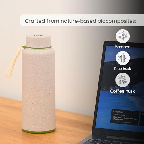 Image of Eha Earth Friendly Hydralife Water Bottle for Office & Schools | 600 ml Stainless Steel Water Bottle for Kids & Adults Made with Rice Husk | Bottle for Men, Women | Leak Proof | 1 Unit