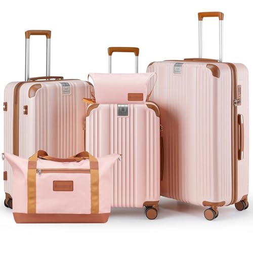 Image of Luggage Set 3 Piece Luggage with PC+ABS Hardshell TSA Lock Spinner Wheels Carry on Lightweight Suitcase,YKK Zippers (Pink(N), 5 piece sets(20 /24 /28 /DB /TB))