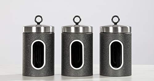 Daewoo Glace Noir Set of Three Stainless Steel Containers, Ideal for Tea, Coffee and Sugar, Easy Handle Lids to Keep Contents Fresh, Clear Window to See Inside, Black, One Size KAS1735 - Image 6