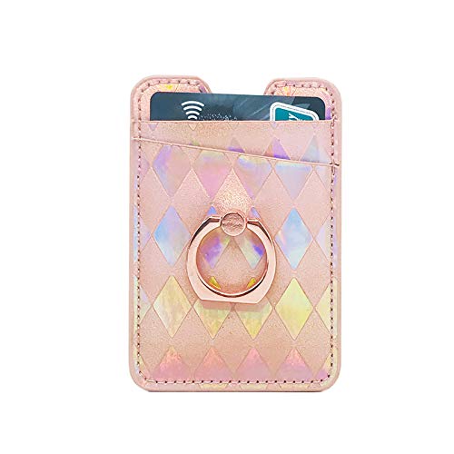 Rose Gold Cell Phone Card Hoder with Ring Stand RFID Blocking Ring Pocket Wallet Stick on Cell Phone Credit for Back of iPhone,Android Smartphones