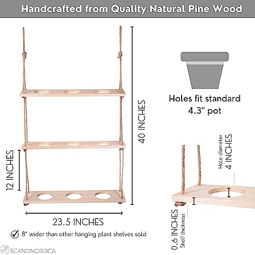 Scandinordica Hanging Window Planter – 3 Tiered Wood Floating Window Herb Garden Shelf With Holes And Rope, Vertical Wall Indoor Herb Planter For Kitchen | Natural #TOP2