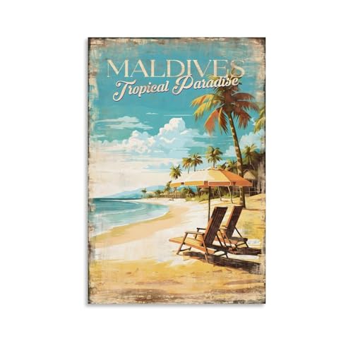 KVIINKD Poster rétro des Maldives - Décoration murale moderne et esthétique - Cadeau pour un ami - Sans cadre - 30 x 45 cm