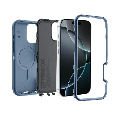 Image of OtterBox iPhone 16 Pro (Only) Defender Series MagSafe Case - Stonewash (Blue & Black) - Built-in Magnets - Screenless - Rugged & Durable - with Port Protection