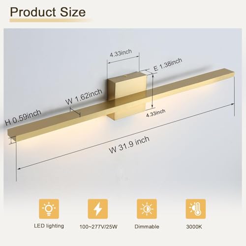Image of Gold Bathroom Light Fixtures Over Mirror, 32 Inch Brass Bathroom Vanity Light, LED Modern Wall Sconce 3000K Bar Vanity Lights