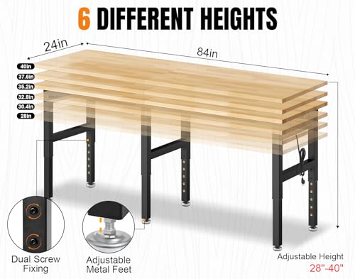 Image of 84 inch Adjustable Height Workbench, 2000 LBS Heavy Duty Table Rubber Wood Workstation with Power Outlet & Pegboard for Garage, Office, Workshop, Home,Commercial