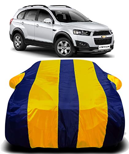 Image of Waterproof Car Cover with Ultra Surface Body Protection (Yellow Stripes) Suitable for (Chevrolet Captiva)