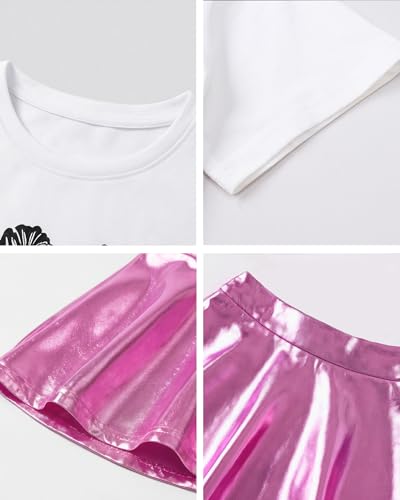 Image of Betusline Girls 2 Piece Outfits Short Sleeve Crop Top and Metallic Skater Skirt Set for Kids Dance Party Tennis, 4-14Y