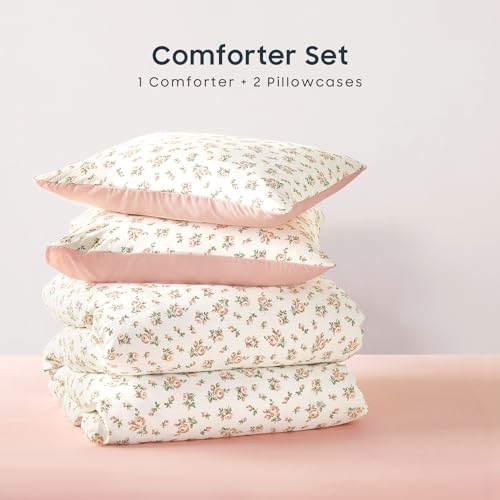 Image of Wake In Cloud - Floral Comforter Set, Coquette Cottagecore Aesthetic Flower Shabby Chic Pattern for Women Teen Girls, Soft Lightweight Bedding, 3 Pieces, Peach Blush, Twin /Twin XL Size