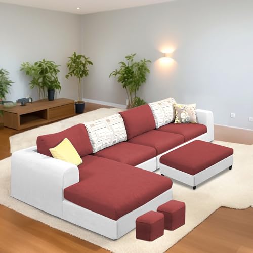 Image of Koza LHS 8 Seater L Shape Sofa Set with Center Table for Living Room (Maroon Grey Fabric) Premium Fabric Sofa