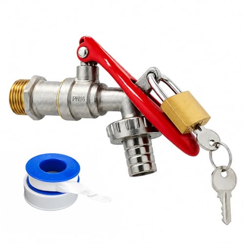 Image of BATH GURU 1 /2 Inch Mini Lock Nozzle Tap | Brass Lockable Garden & Outdoor Water Faucet with Lock System | Heavy-Duty Washing Machine & Hose Bib Tap | Brass Body Metal Red Handle Pack of 1