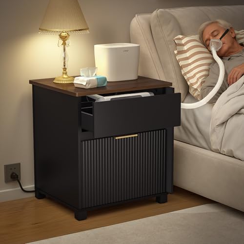GDLF CPAP Nightstand with Storage, CPAP Table Bedside with Hose Hole and Side Access Panels, Includes Power Outlet