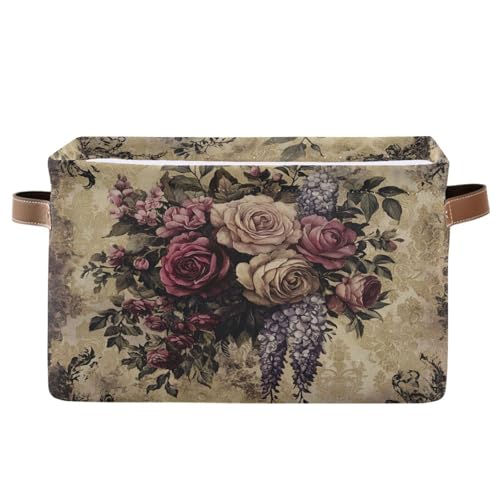 Cgiub Cesta de almacenamiento de flores vintage, plegable, de tela, impermeable, organizador de armario, cesta de juguetes para perros, caja decorativa con asas para dormitorio, guardería, hogar