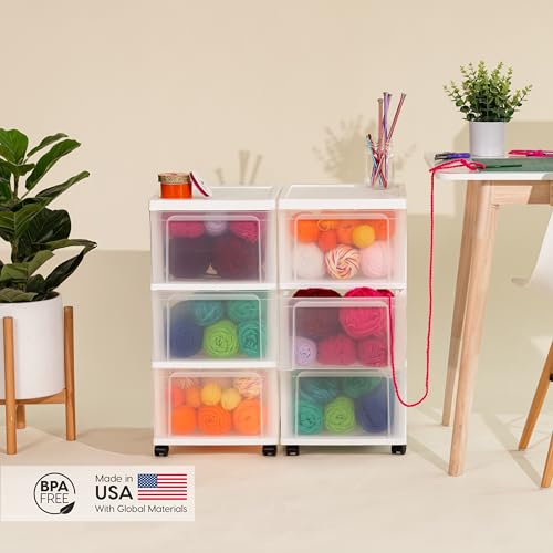 Image of IRIS USA Plastic 3-Drawer Storage Organizer Rolling Cart, with Wheels Casters, 2-Pack, for Classroom Art Supplies Bathroom Dorm Bedroom Laundry Room, Slim Narrow, White /Clear