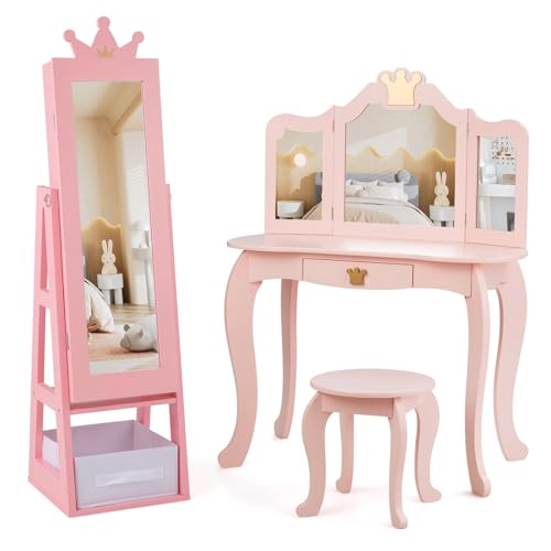 GLACER Kids Vanity & Kids Jewelry Armoire, Toddler Makeup Vanity w/Tri-Fold Mirror & Drawer, Standing Child Jewelry Organizer w/Full-Length Mirror, Foldable Drawer, Kids Bedroom Furniture (Pink)