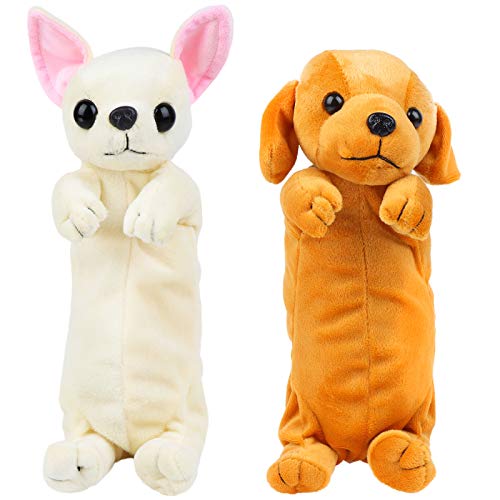 Ioffersuper 2Pcs Dog Shape Pencil Pen Bags 3D Plush Pencil Case Cute Puppy Soft Stuffed Pencil Box Multi-Function Storage Zipper Bags for School Students Kids Stationery Bags Girls Cosmetic Organizer
