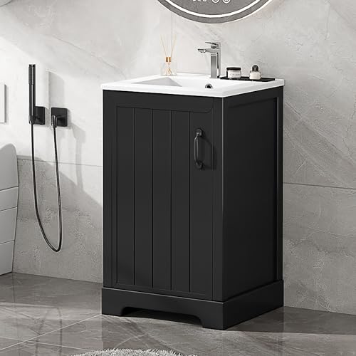 Image of Favfurish 20 inch Bathroom Vanity with Ceramic Sink,Undermount Single Basin Bath Vanity Set w /Soft-Close Door and Storage Rack & Adjustable Shelf,Modern Freestanding Cabinet for Small Space Black