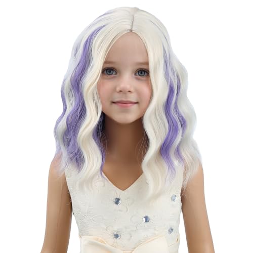 Image of PATTNIUM Blonde Mixed Blue Wig for Kids Girls Short Blonde Blue Wigs Side Part Shoulder Length Wavy Heat Resistant Synthetic Wig