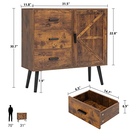 Weenfon Storage Cabinet With 3 Drawers & Barn Door, Mid Century Floor Cabinet With Adjustable Shelf, Buffet Cabinet, Wooden Accent Cabinet For Living Room, Bedroom, Dining Room, Rustic Brown #TOP2