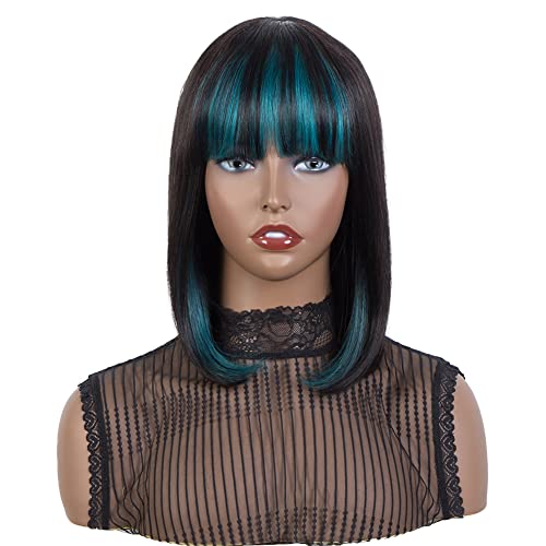 JOEDIR LUX Bob Human Hair Wigs with Bangs for Black Women Hidden Green Color Machine Made Wigs Glueless 130% Density (12 INCH, TTSL1B/TUQⅢ)