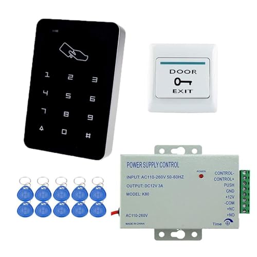 YAVIS Kit de sistema de control de acceso RFID para pantalla táctil, apertura de puerta, dispositivo de teclado independiente + fuente de alimentación K80 3A + botón de salida + 10 teclas ID EK4100