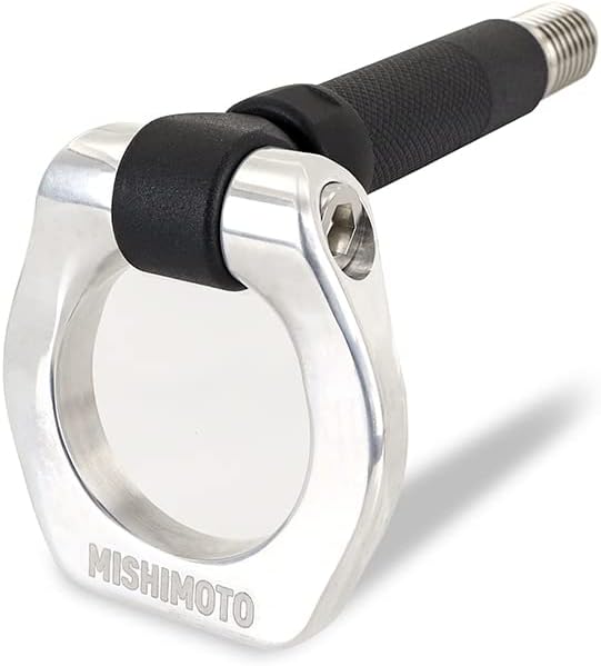 Mishimoto Racing Tow Hook with the ring folded down, showing its compact profile.