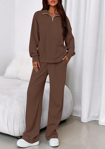 PRETTYGARDEN Womens Casual Two Piece Sets Fall 2025 Outfits Quarter Zip Sweatshirts Straight Leg Pants Sweatsuits Tracksuit2