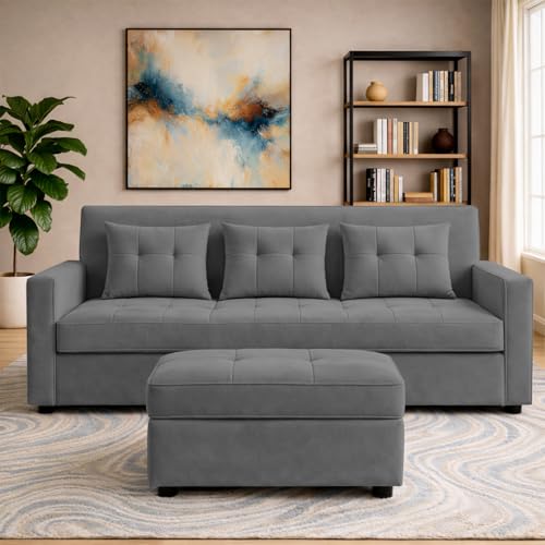 Image of Emilio 3 Seater with Ottomon Pull-Out Sofa Cum Bed (Cream Color) Premium Fabric Sofa Set for Living Room | Bedroom