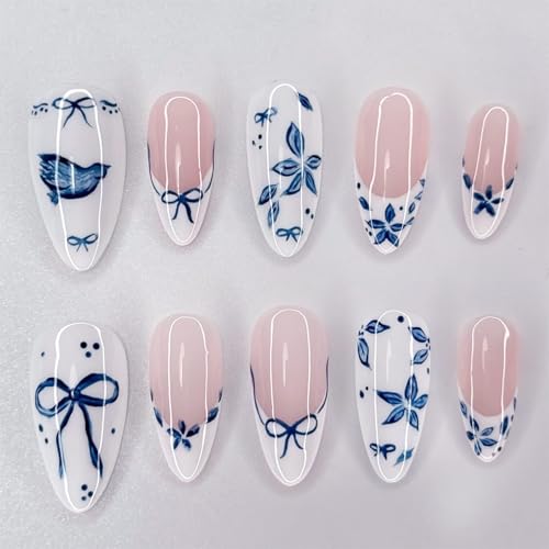 24Pcs Blue Flower Press on Nails Medium Almond French Tip Fake Nails with Bow Design White Glossy Nails Full Cover Artificial Glue on Nails Spring Summer Stick on Nail for Women DIY Manicure
