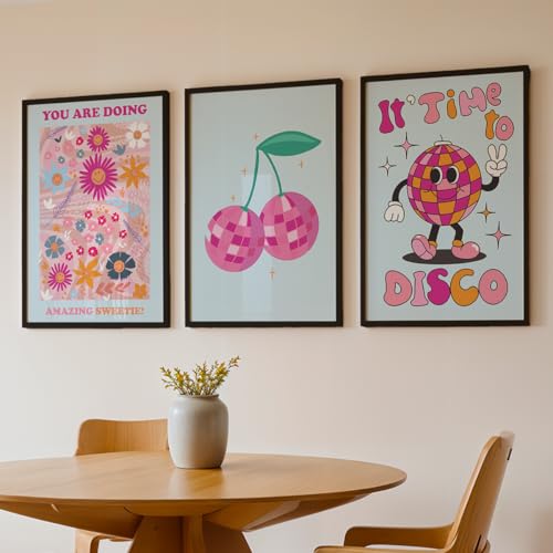 Image of NoWorries Retro Disco & Cherry Framed Wall Art, Pink Blue Orange Multicolor Funky Typography & Floral Prints with Natural Frames for Bedroom, Girls Room, Living Room, Office Decor (ART-10, 21X37inch)