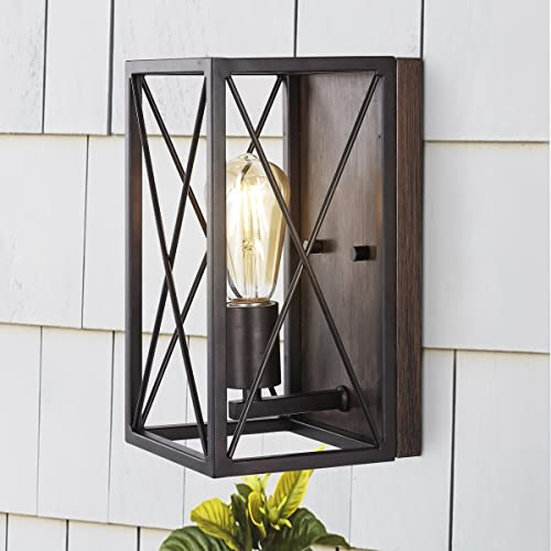 Image of JONATHAN Y 6 inch Oil Rubbed Bronze /Wood Finish 1-Light Iron Sconce, Farmhouse Rustic X-Frame Wall Lantern for Bathroom Hallway Entryway, Modern Industrial Lamp, LED Bulb Included JYL1310A