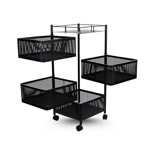 Image of KITCHIVO Kitchen Storage Rack | Revolving Vegetable Rack | Square Multipurpose Storage Trolley with Wheels | Metal Fruit Rack (Black, 4 Layer)