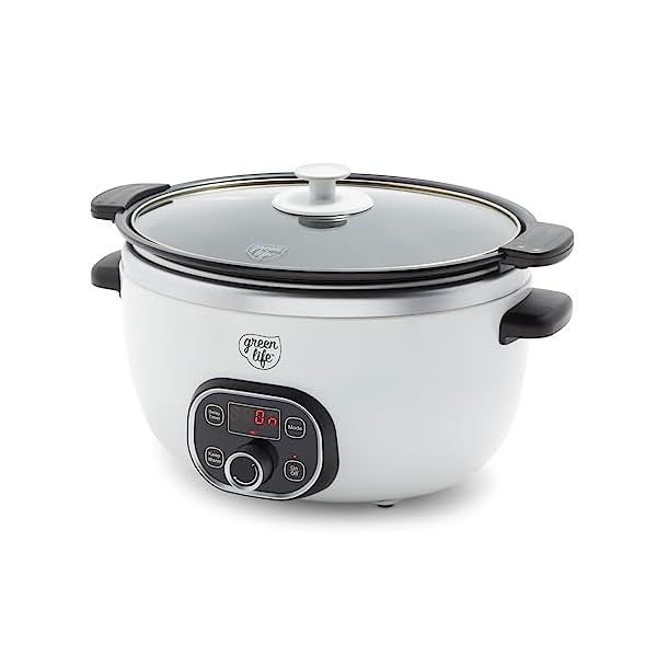 GreenLife Cook Duo Healthy Ceramic Nonstick Programmable 6 Quart Family-Sized Slow Cooker, PFAS-Free, Removable Lid and Pot, Digital Timer, Dishwasher Safe Parts, White