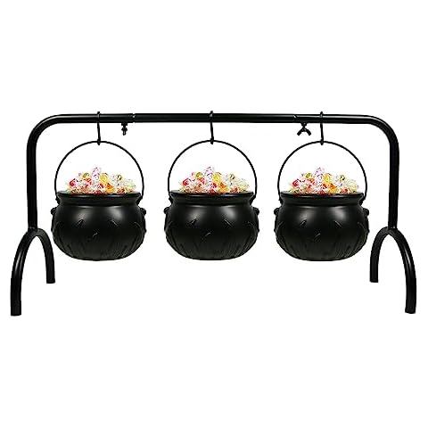 Darnassus Halloween Cauldron On Rack,Set Of 3 Witches Cauldron Serving Bowls Halloween Candy Bowl,Plastic Black Cauldron Halloween Decor Halloween Party Decoration Cover